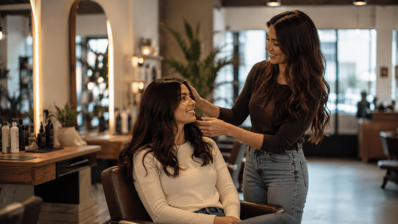 A hairstylist leaning in to consult with her seated client at the start of an appointment