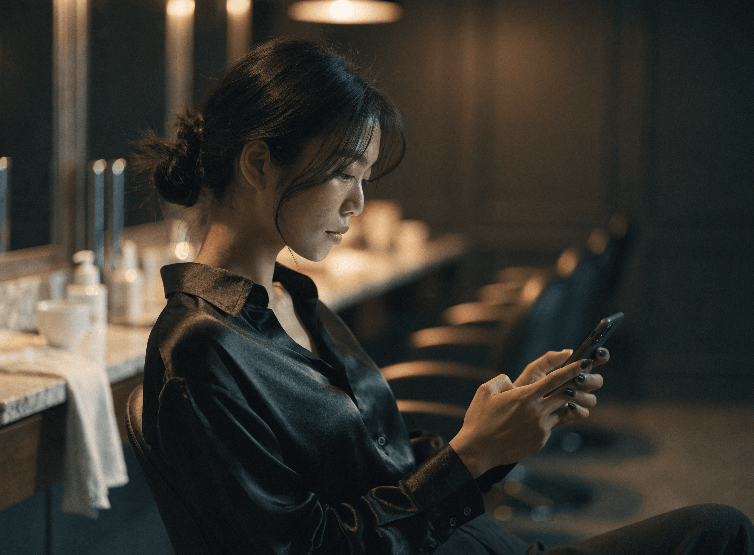 A stylist at her station, sitting quietly with her phone at the end of a shift