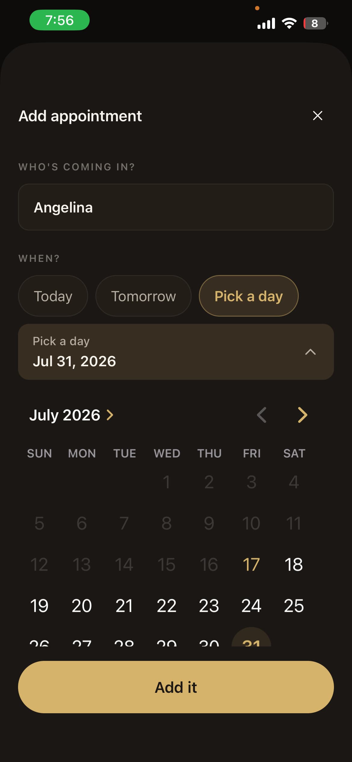 Add appointment screen with a client name, a Today, Tomorrow, or Pick a day choice, and a calendar
