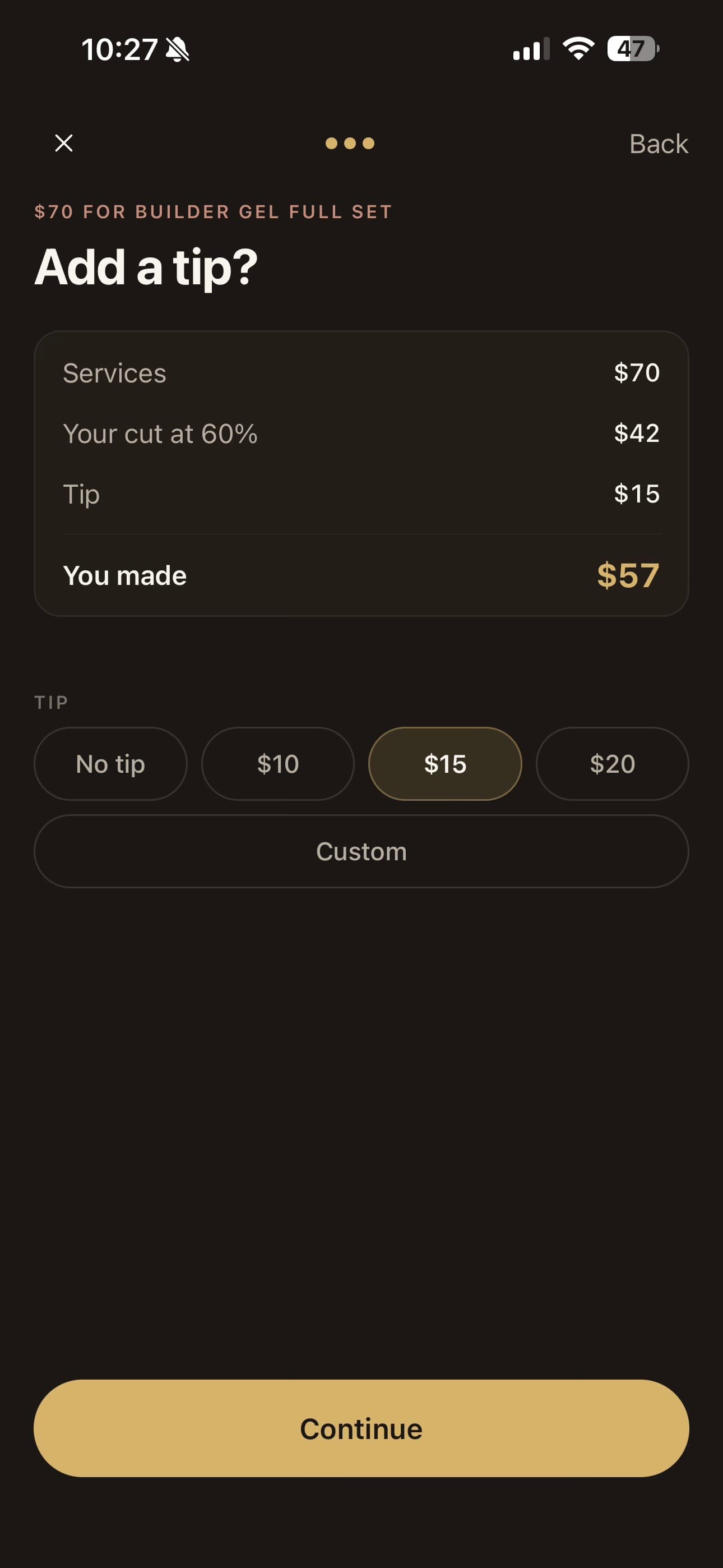 Add a tip with $15 selected, resulting in $57 take-home