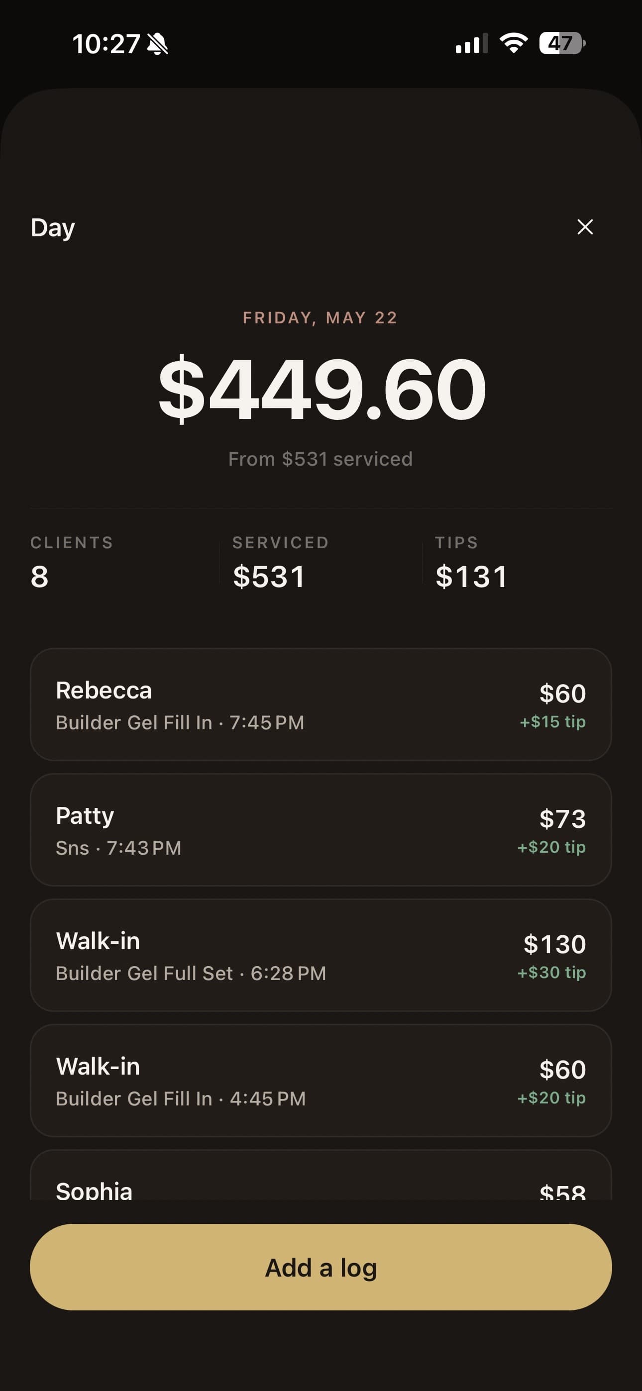 Bella Flow Today screen showing $449.60 made on Friday