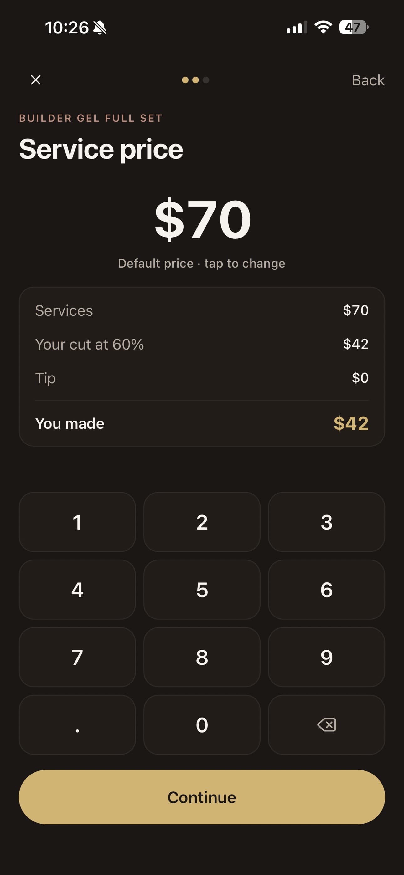 Service price entry showing the commission split: $70 service, 60% cut, $42 to you