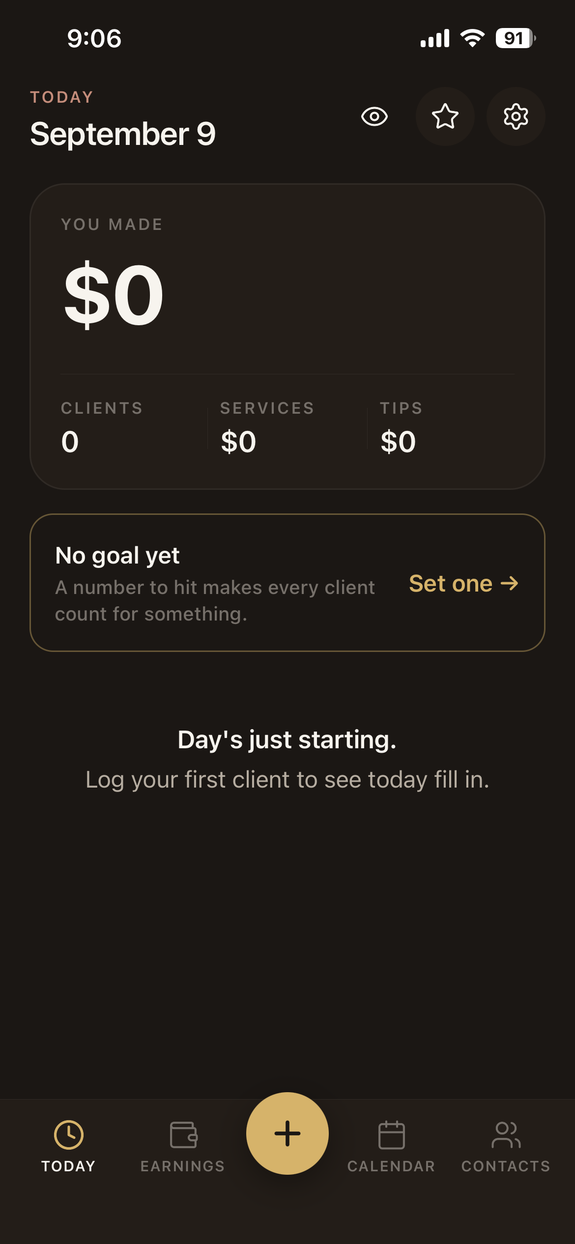 Today on September 9 before any client is logged: $0 earned, with a prompt to log the first client.