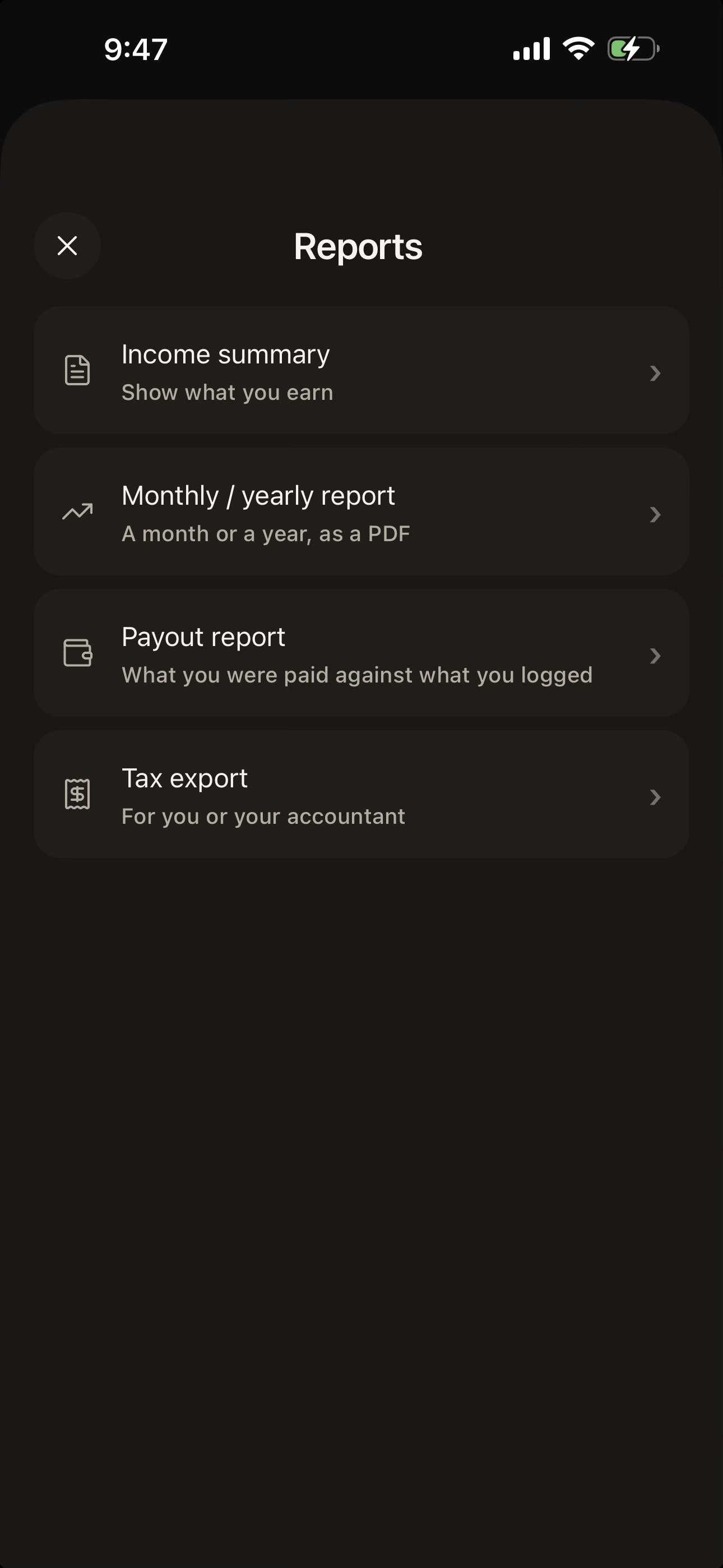 The Reports screen in Bella Flow: income summary, monthly or yearly report as a PDF, payout report, and tax export.