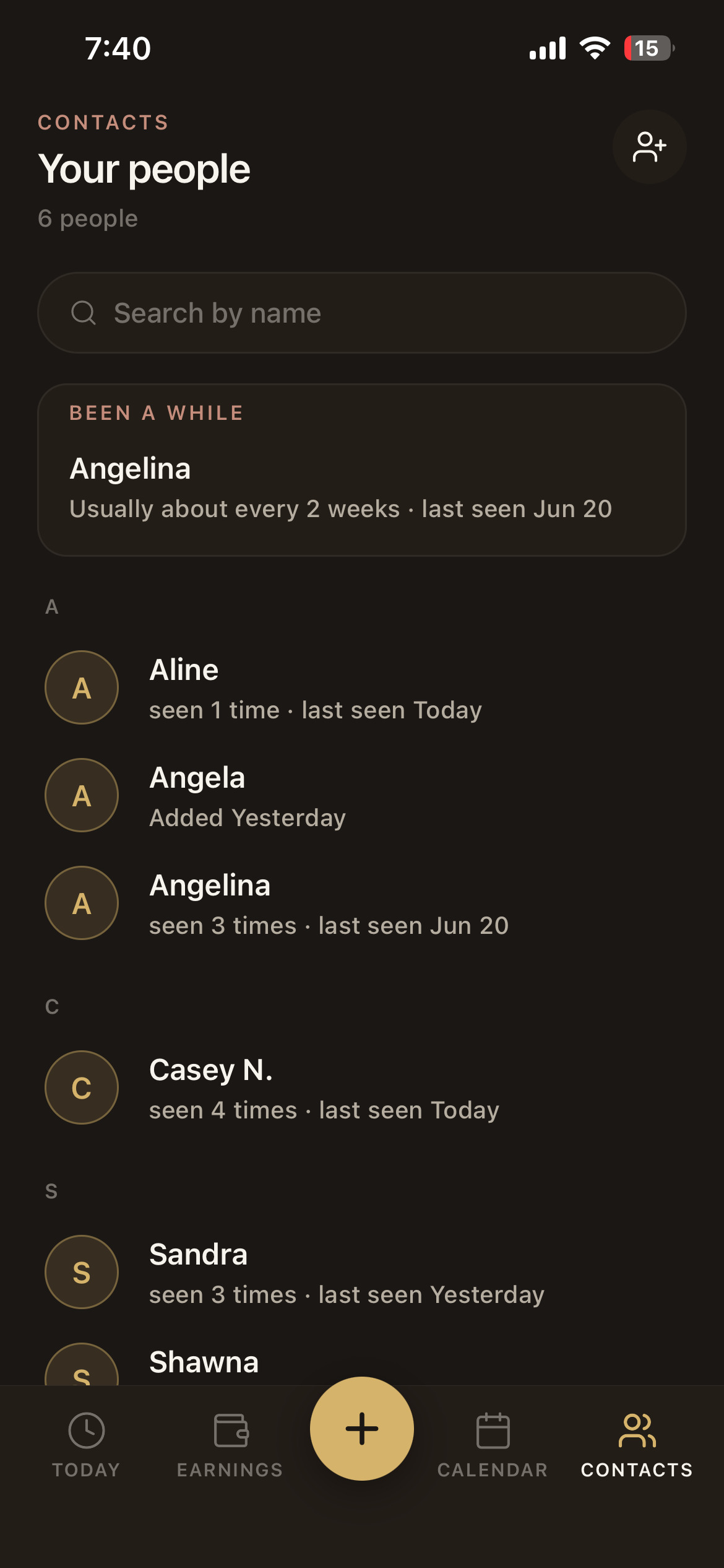 The people list in Bella Flow, showing regulars and who has not been in for a while.